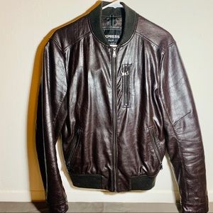 express brown bomber leather jacket